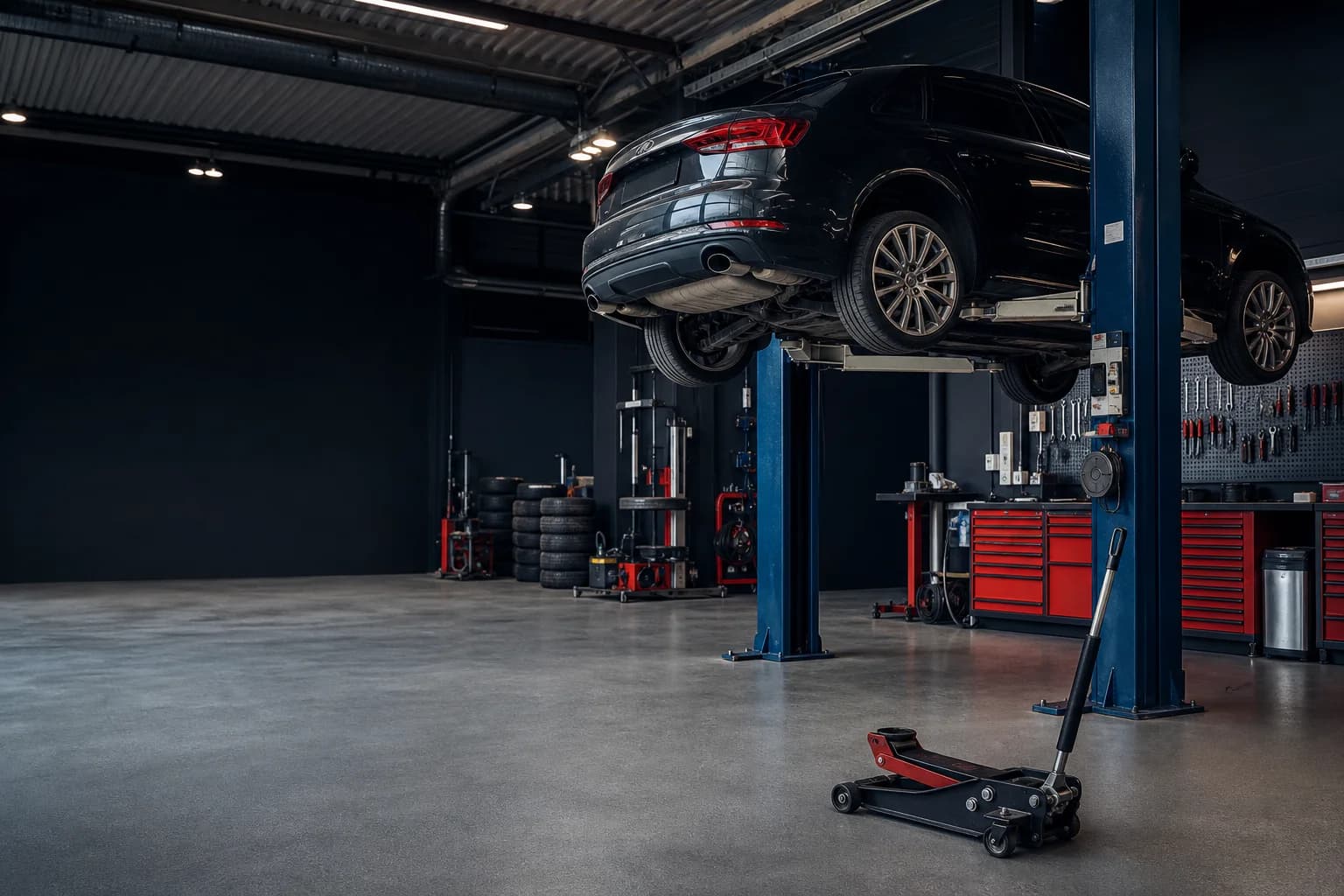 Professional automotive workshop with a car on a vehicle lift